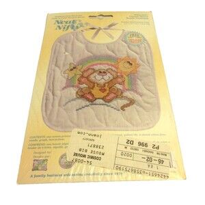 Vintage Cosmic Mouse Stamped Cross Stitch Kit Baby Bib  Neat & Nifty New Sealed